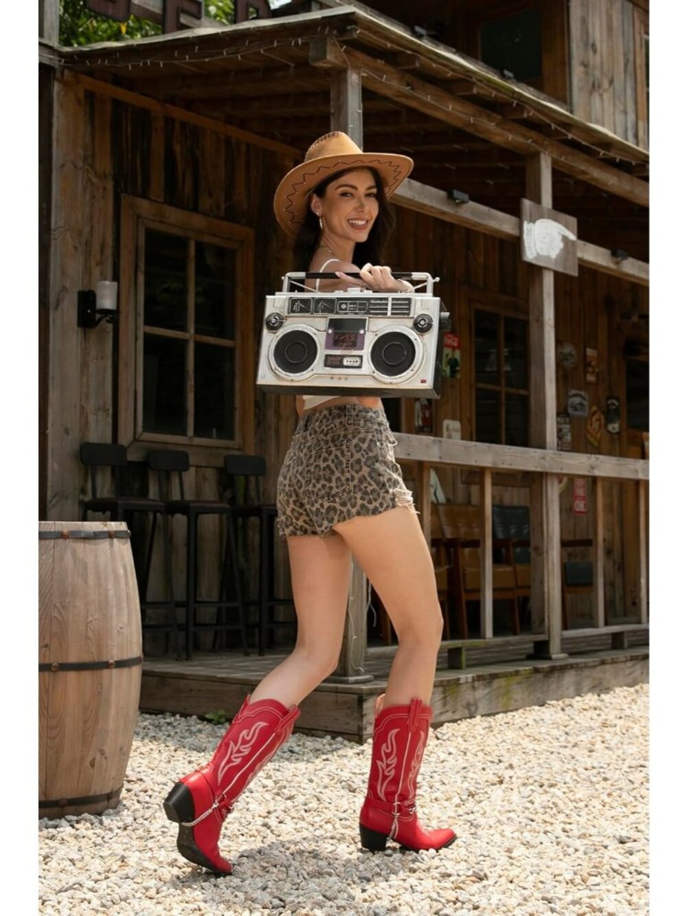 Women's Red Western Boots with Embroidered, Pull on Style, Faux Leather - Picture 2 of 6